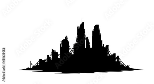 Ruined Cityscape Silhouette A stark black silhouette of a destroyed urban landscape evoking themes of apocalypse decay and urban disaster