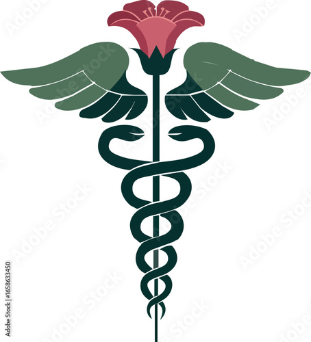 Elegant Floral Caduceus Vector Symbol with Wings and Serpent Motif for Medical or Healthcare Designs and Branding