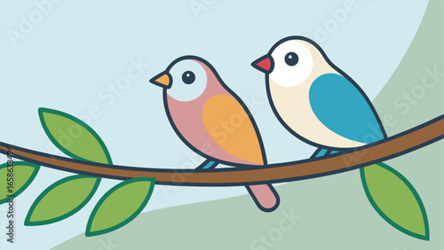 Colorful birds perched on a branch in springtime