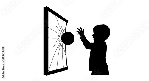 Mischievous Child Throwing Ball Through TV Screen in Silhouette Style silhouette