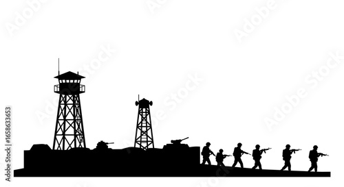 Military Operation Silhouette Soldiers and Tanks in Black Silhouette Against White Background Featuring Communication Towers and a Watchtower in a