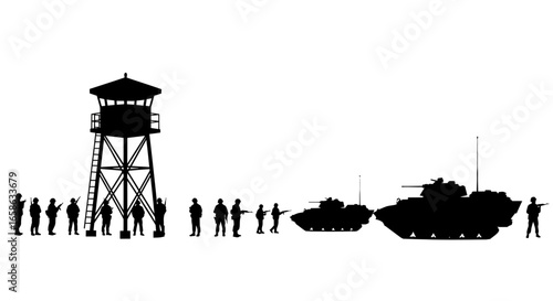 Military Base with Soldiers Guard Tower and Tanks in Silhouette Style Isolated on White Background Vector Illustration silhouette