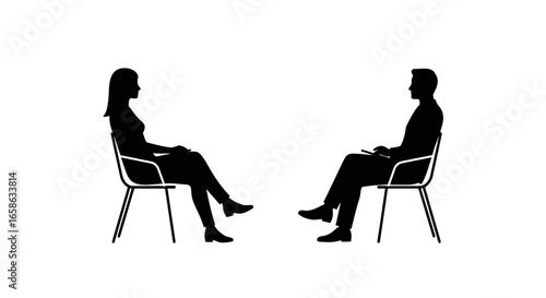 Two People Sitting in Chairs Facing Each Other in a Counseling Session Presented in a Clean Black and White Silhouette
