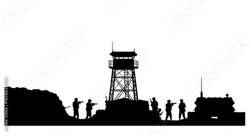 Military Patrol with Guard Tower Silhouette Illustration Depicting Soldiers on Duty in a Black Silhouette Style