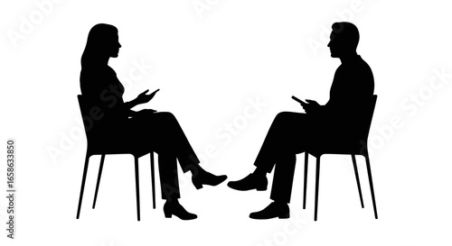 Business Meeting Silhouette Man and Woman in Chairs Discussing Ideas Using Technology and Communicating in a Professional Setting silhouette
