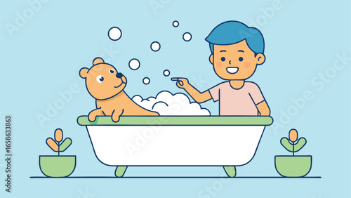 Child enjoying bath time with a dog