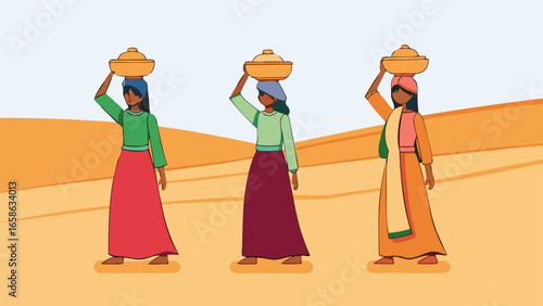 Women carrying pots in a desert landscape