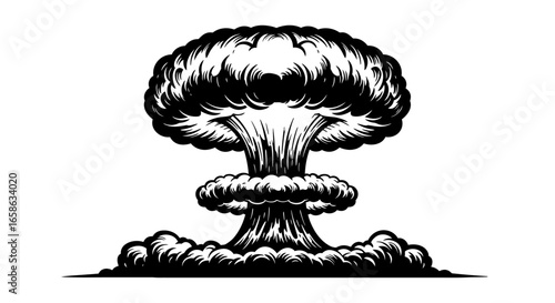 Dramatic Nuclear Explosion Cloud in Black and White Silhouette Style Depicting a Mushroom Cloud Formation After a Detonation silhouette