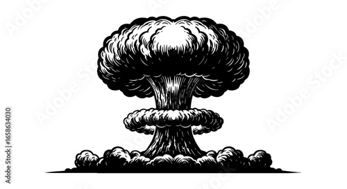 Dramatic Mushroom Cloud Explosion in Black and White Silhouette Style