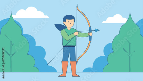 Character practices archery in a forest setting