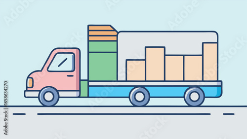 Colorful delivery truck transporting boxes on road