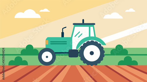 Green tractor working in a golden field at sunset