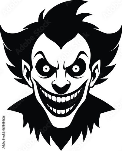 Creepy Clown Portrait with Sinister Grin A Black and White Study of Horror and Unsettling Imagery