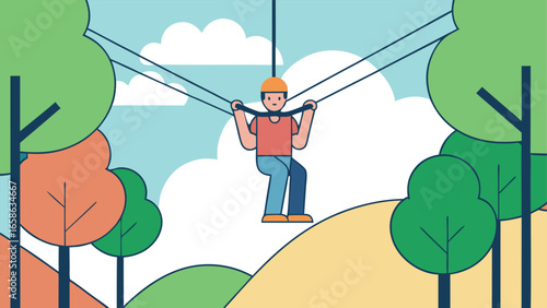 Enjoying zipline adventure in a colorful forest