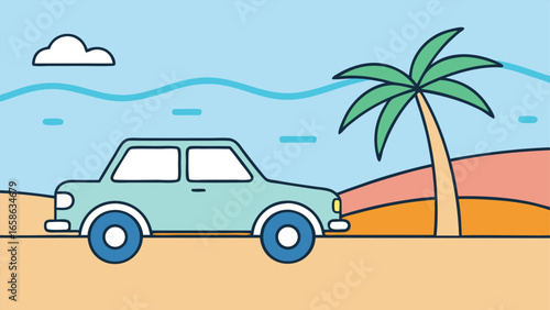 Retro car drives along a sunny beach landscape