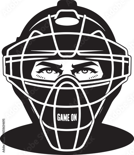 Intense Gaze of a Baseball Catcher Behind the Mask Ready for the Game to Begin Illustration