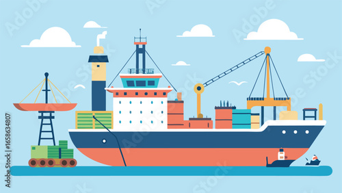 Cargo ship loading at a busy harbor
