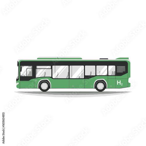 Green hydrogen powered bus illustration, Side view of a green public transport bus powered by hydrogen, a clean energy technology