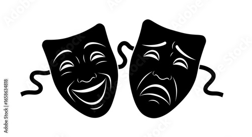 Comedy and Tragedy Masks Depicted in Black and White Silhouette Representing Theater Drama and the Spectrum of Human Emotions silhouette