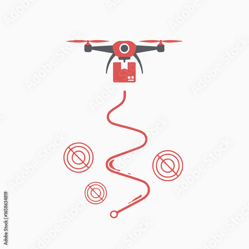 Drone Delivery Concept with Package and Target Icons in Red, Representing Modern Logistics, Drone delivering a parcel with target icons emphasizing precision and efficiency