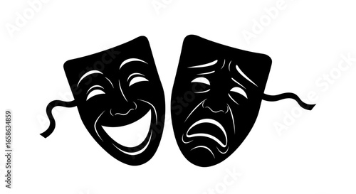 Comedy and Tragedy Masks in Black and White Silhouette Representing Duality of Human Emotion and Theatrical Arts silhouette