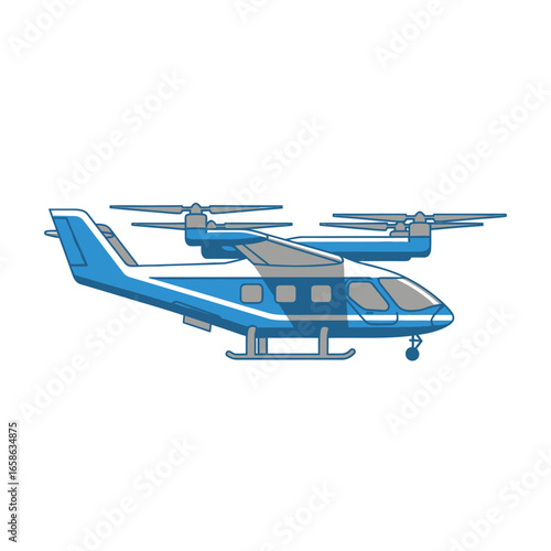Blue vector illustration of an eVTOL aircraft concept with front and rear rotors, Illustration of a futuristic urban air mobility vehicle with propellers in a cartoon style