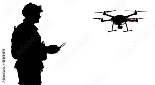 Military Drone Operator Controlling UAV in Flight Modern Warfare Technology Unmanned Aerial Vehicle Silhouette