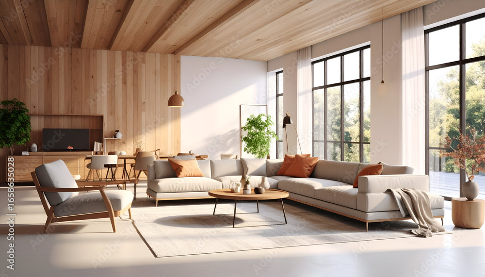 Fototapeta premium Bright Modern Living Room with Wooden Walls and Large Windows