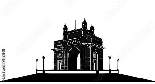 Gateway of India Mumbai Silhouette a striking black and white vector illustration showcasing the iconic landmark in a minimalist silhouette