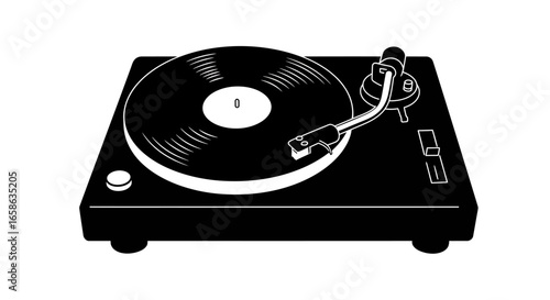 Photos Retro Vinyl Record Player Illustration in Black and White Featuring a Striking S