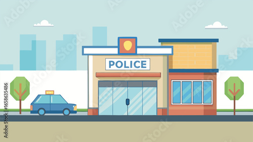 Police station illustration with urban background