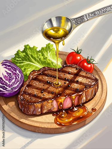 Hand-drawn cartoon food, steak, exquisite oil paint-style vector illustrations