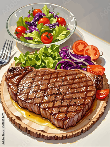 Hand-drawn cartoon food, steak, exquisite oil paint-style vector illustrations