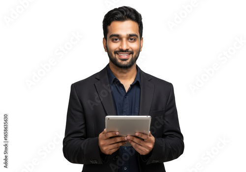 Smiling man in suit holding a tablet isolated on transparent background