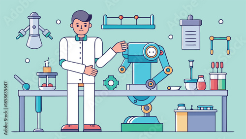 Scientist with robot in lab
