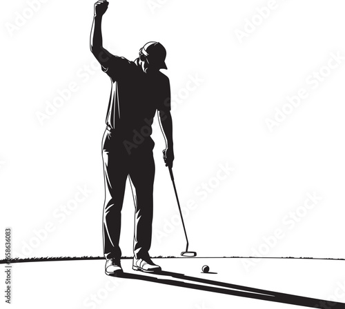 Silhouette of Golfer Celebrating a Successful Putt with Raised Fist Against White Background Illustration of Sports Success and Achievement