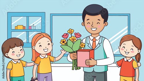 Teacher receives flowers from happy students
