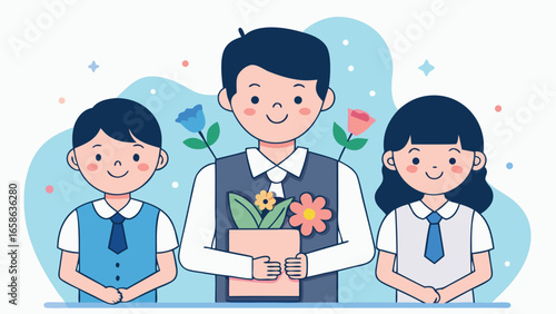 Cheerful students and teacher celebrate spring joy