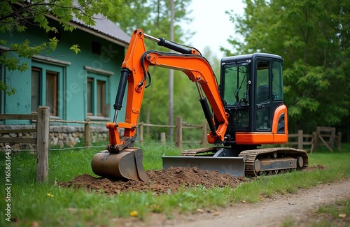 Orange mini excavator digs soil near green house. Compact construction equipment with tracks, hydraulic arm, bucket performs digging work on grassy terrain. Machine offers efficient site preparation