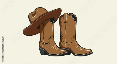 Cowboy Boots and Hat Illustration in Brown Tones Western Fashion Apparel Silhouette Style Isolated on Cream Background silhouette