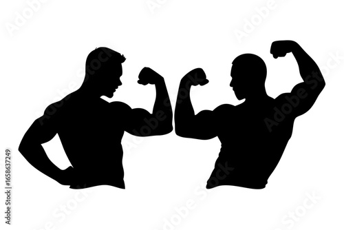 Vector silhouettes of two men flexing their muscles.Silhouette of Two Muscular Men Arm Wrestling in Black and White Minimalist Vector Design.icon
