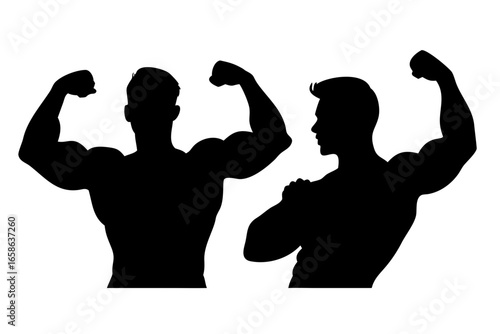 Vector silhouettes of two men flexing their muscles.Silhouette of Two Muscular Men Arm Wrestling in Black and White Minimalist Vector Design.icon
