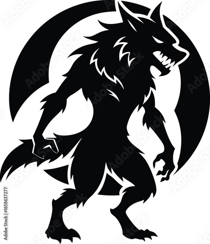Silhouette of a Furious Werewolf Emerging from the Shadows of the Night Circle of Mystery