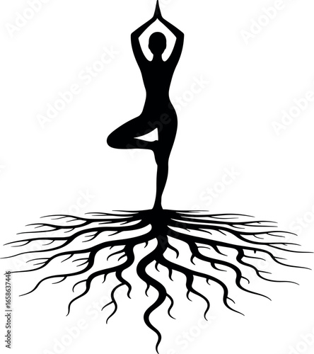 Yoga Pose Tree Root Connection Silhouette Wellness and Inner Peace Deep Grounding Symbolism Harmony and Balance Illustration Meditation