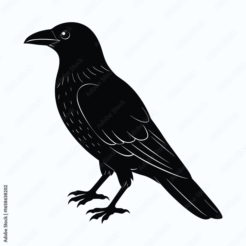 Obraz premium Bold black silhouette of an american crow in flight isolated on white background