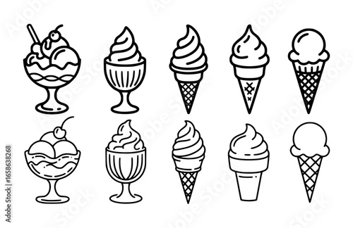 Assorted frozen desserts in cups and cones ice cream sundae
