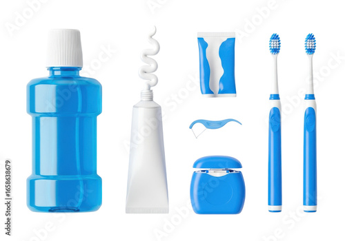 3d collection of blue dental hygiene products isolated on transparent background