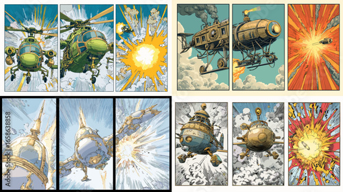 Dynamic comic-style scene of steampunk helicopters and airships in midair explosions. Retro sci-fi aviation art with mechanical detail and vintage action energy.