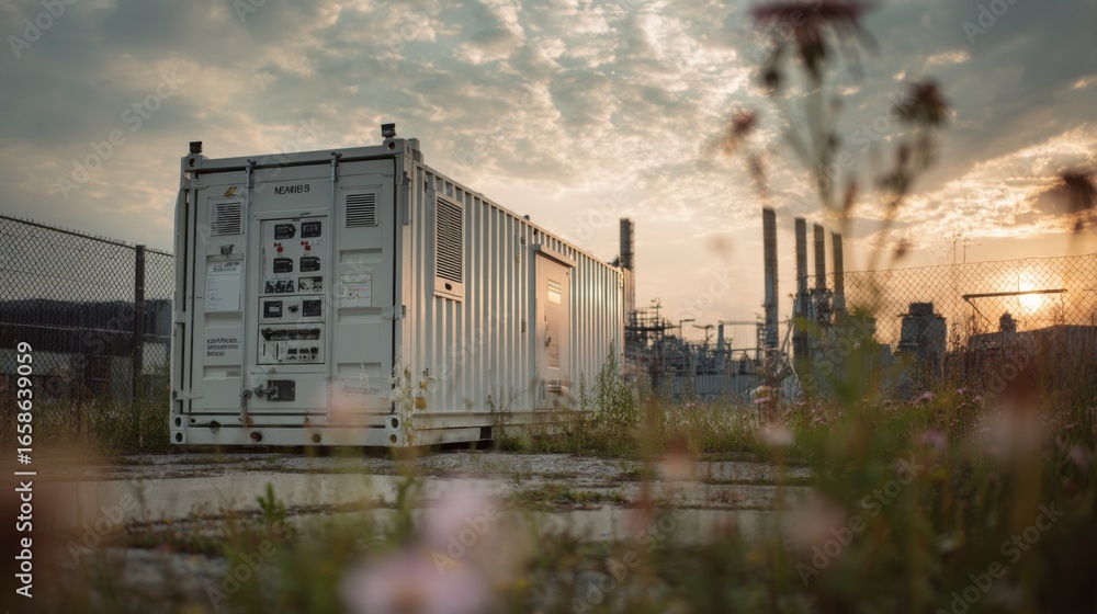 Obraz premium Close medium shot capturing the front panel of a modular datacenter container at a brownfield site sharply focused while the surrounding rehabilitated environment softly blurs