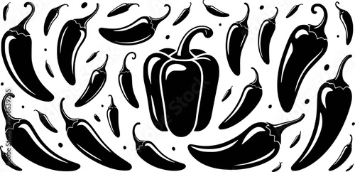 Black chili peppers and bell pepper pattern spicy food